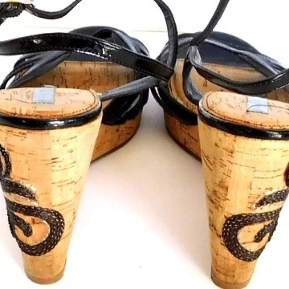 Bandolino Black Leather Embroidered Cork Wedges